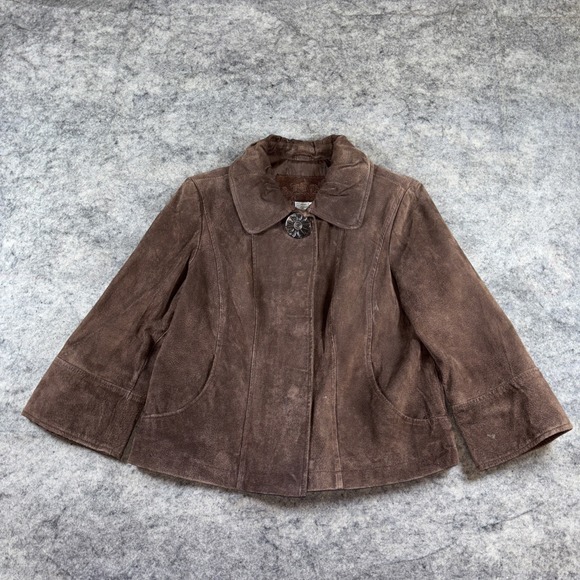 Y2K Live A Little Leather Jacket Women's Small Brown Button Up Wide Sleeves - Picture 3 of 10